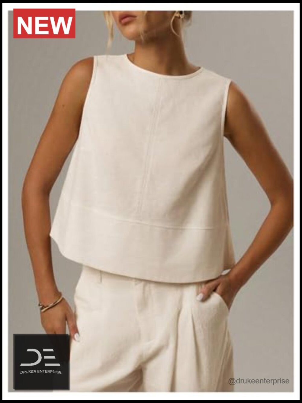 Linen Blend Tank Top - Sleeveless Crop Top - Work & Casual - Picture 2 of 5